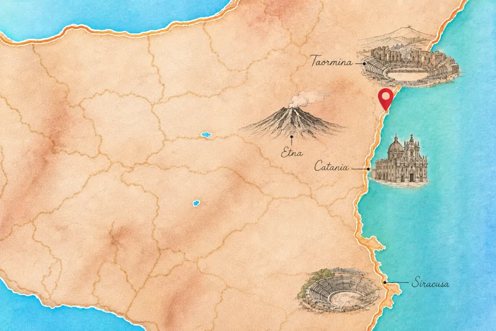 Mappa acquerellata della costa Ionica orientale: Taormina, Etna, Catania, Siracusa. Le quattro case di via spiaggia si trovano tra Sant'Anna e Mascali, sulla costa indicata dal segnaposto rosso.
